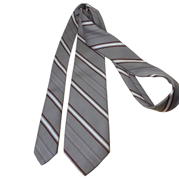 Christian Dior Monsieur Vintage Neck Tie Tan Gray Classic Diagonals Stripes - Picture 4 of 11